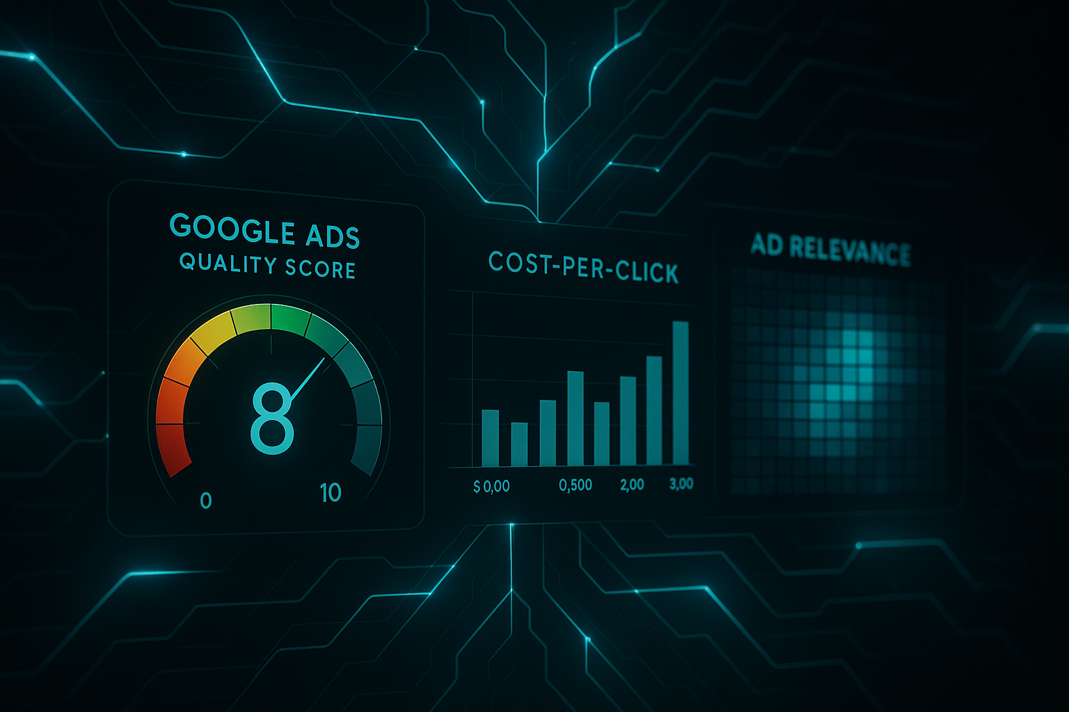 Futuristic AI dashboard showing Google Ads Quality Score and metrics