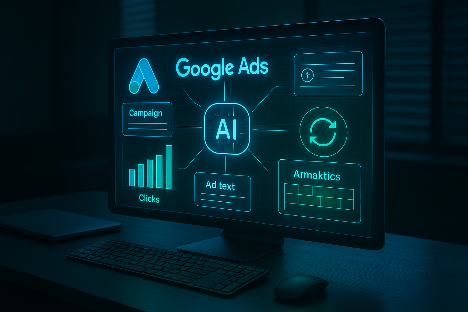 Holographic Google Ads dashboard with keywords and analytics icons