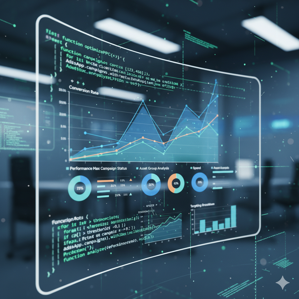 Advanced Google Ads Script Code automating a PPC performance dashboard and Performance Max analysis.