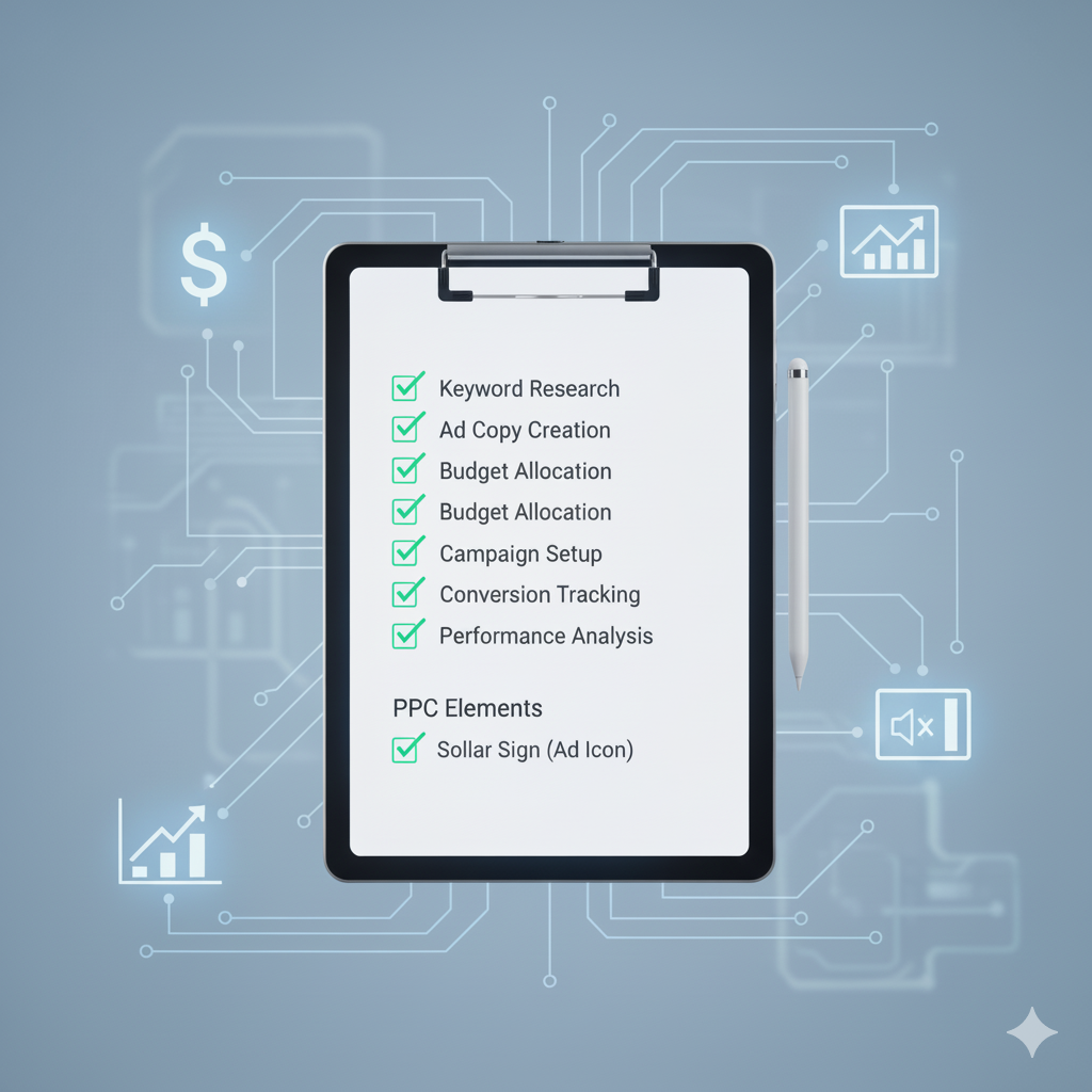 A digital PPC audit checklist showing completed tasks to optimize Google Ads campaigns for performance.