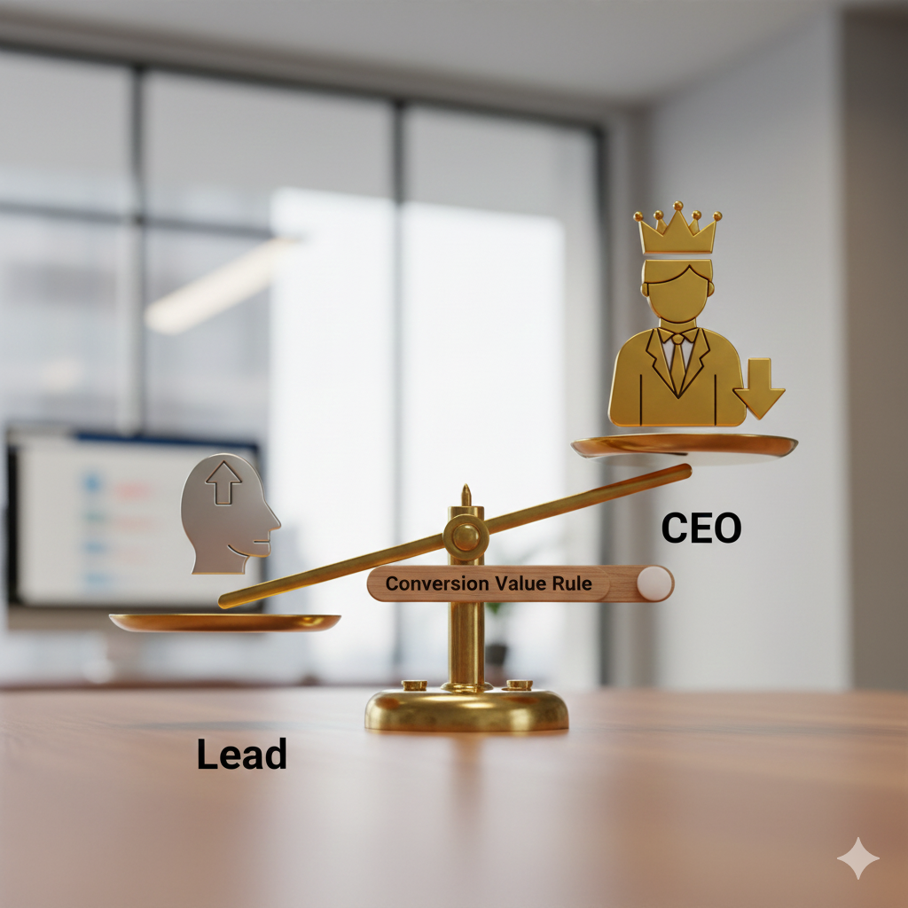 Illustration of a scale weighing generic leads against high-value B2B prospects using Conversion Value Rules
