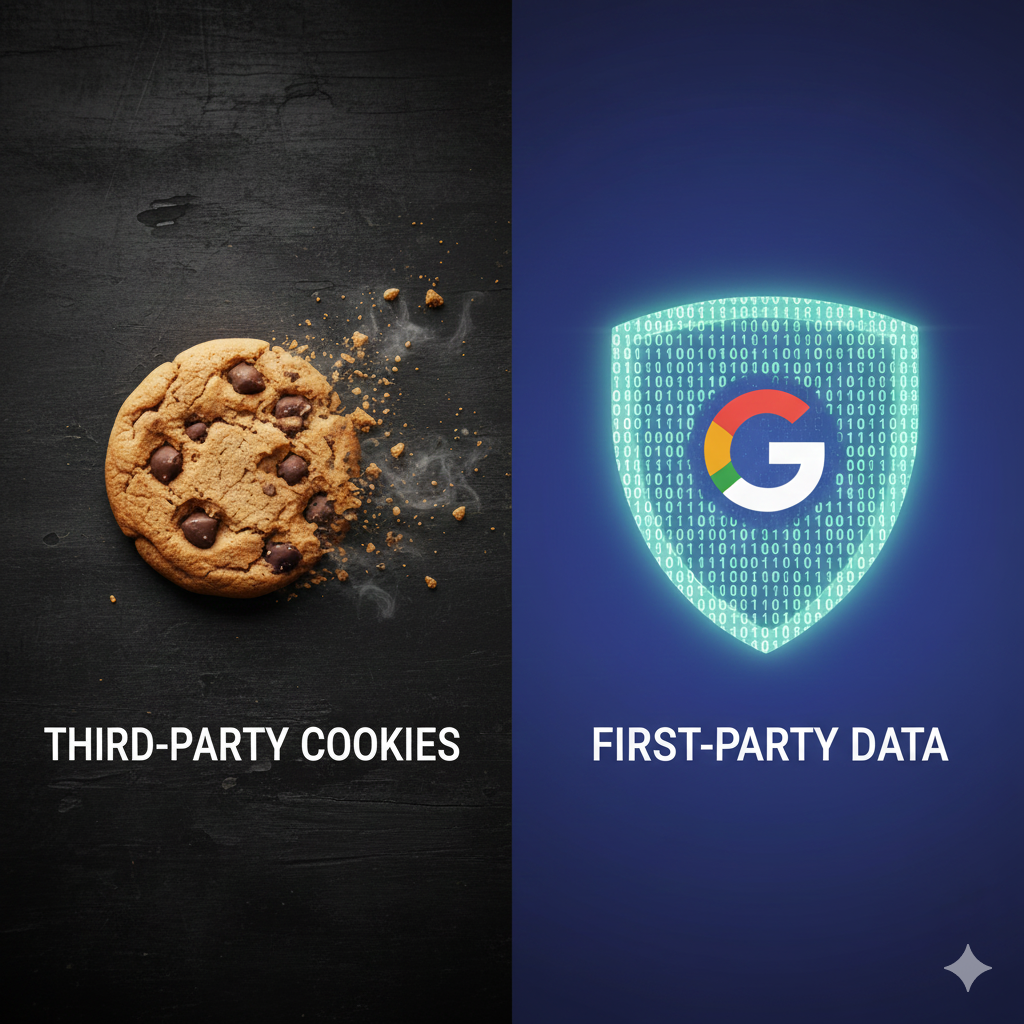 Visual representation of third-party cookies fading while first-party data shields Google Ads performance.