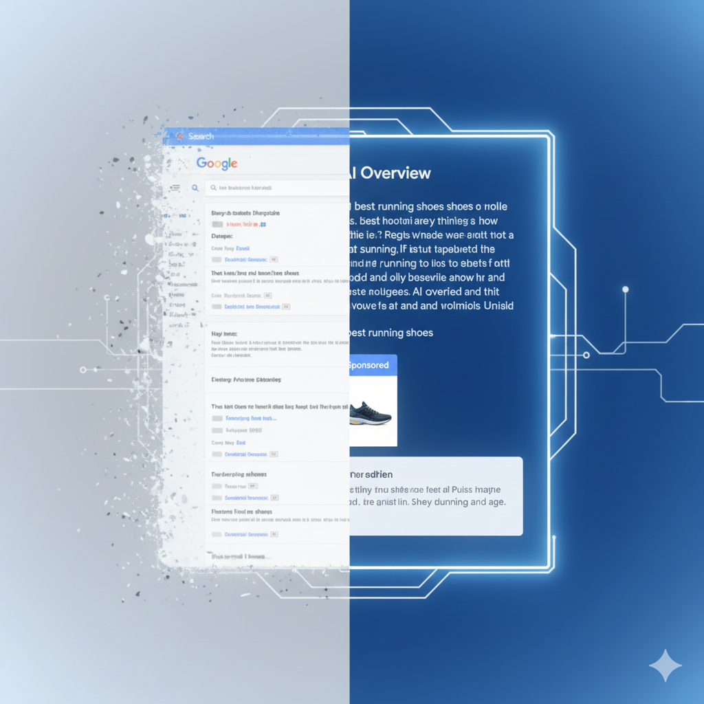 Comparison of traditional Google Search results versus 2026 Google AI Overview with integrated ads.