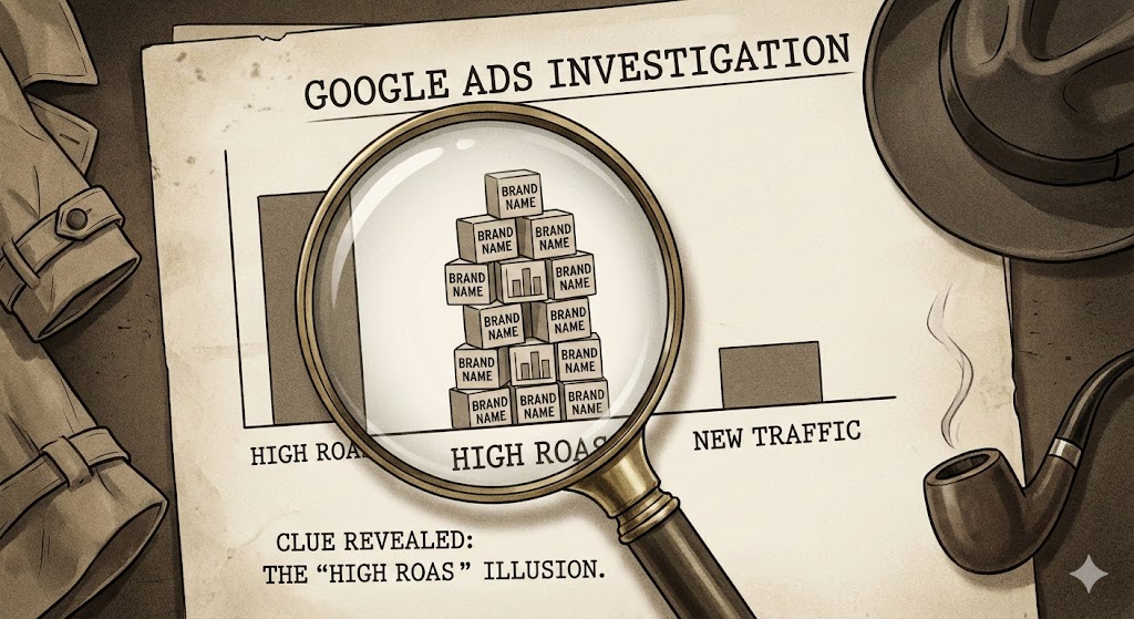 A detective-style graphic showing a magnifying glass over a Google Ads graph. Inside the magnifying glass, the "High ROAS" bar is revealed to be made of "Brand Name" blocks, while the real "New Traffic" bar is much smaller.
