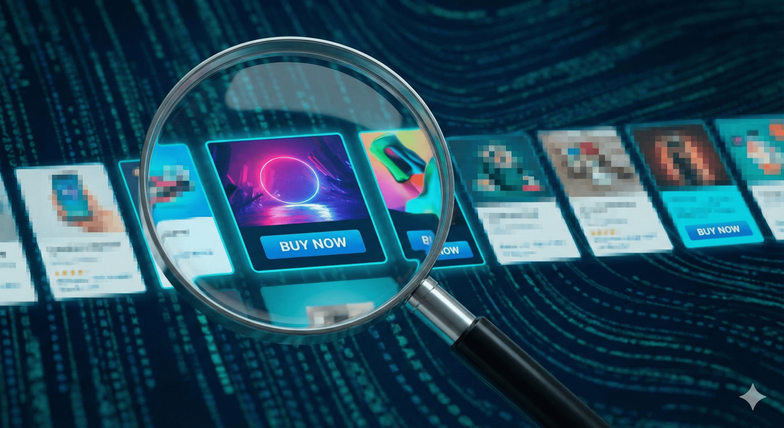 Magnifying glass analysing competitor ads in the Google Ad Transparency Center.