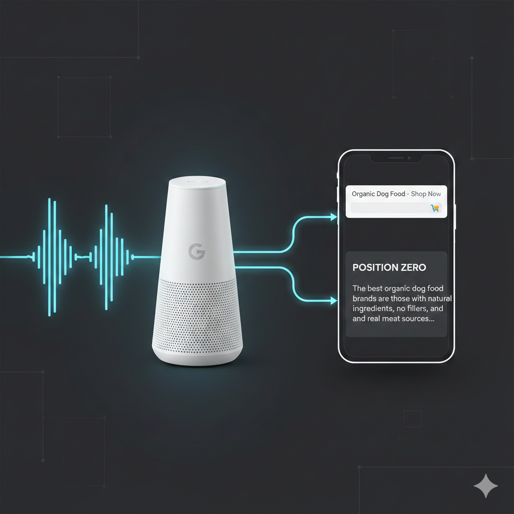 A visual representation of Voice Search AEO, showing a spoken query being transformed into a targeted Google Ad and a featured snippet answer.