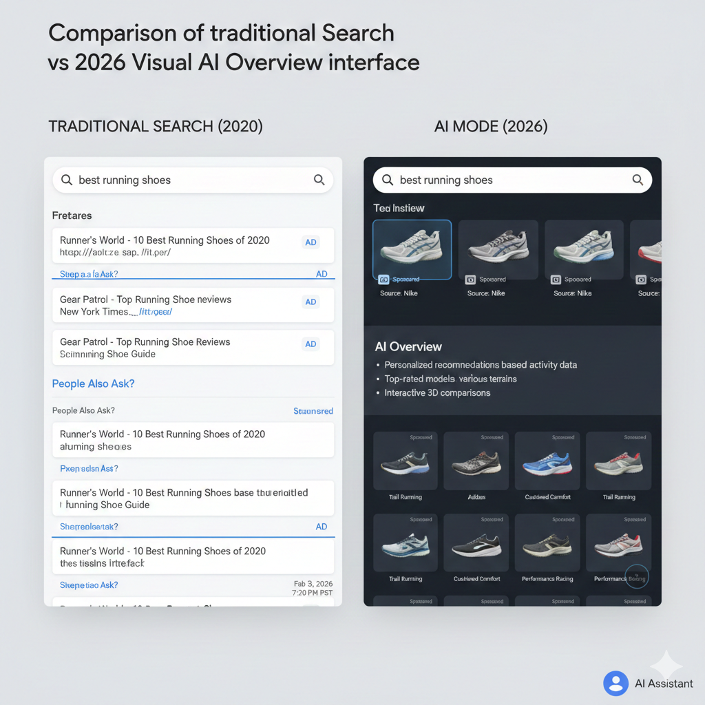 Comparison of traditional Google Search vs 2026 Visual AI Overview interface.