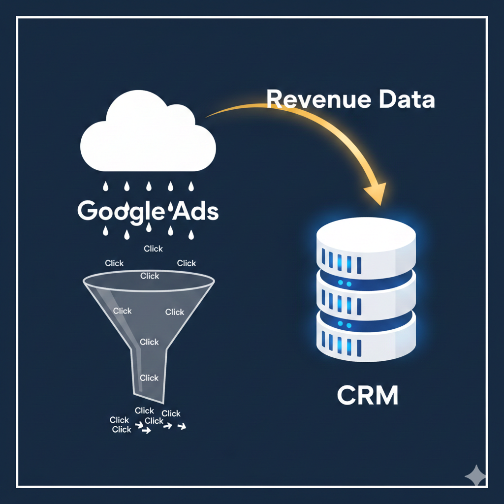 Diagram showing the loop of Offline Conversion Imports sending data from CRM back to Google Ads.
