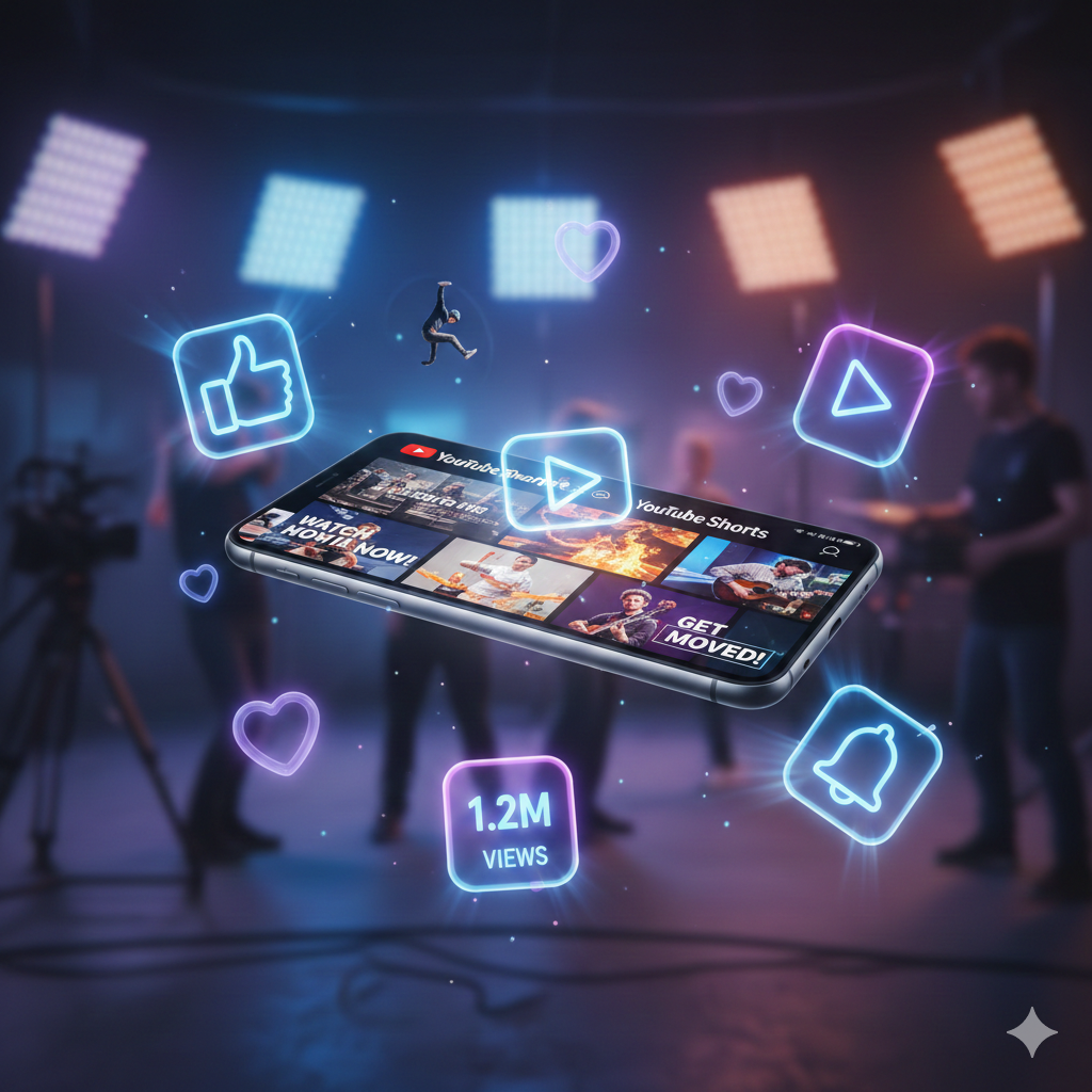 Smartphone displaying a YouTube Shorts ad with high engagement metrics.